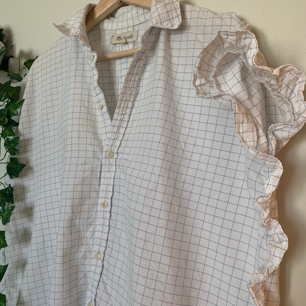 Windowpane ruffle button down blouse - Picture 3 of 3